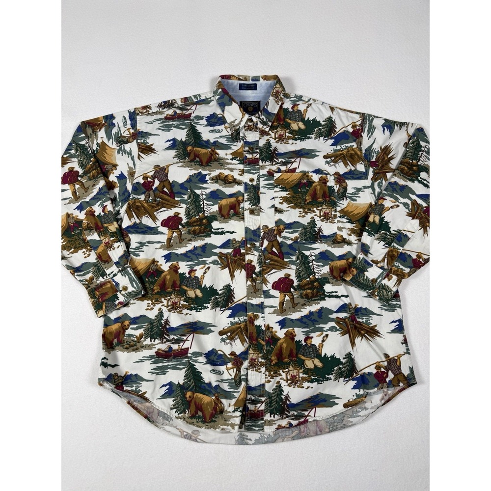 Vintage Chaps Ralph Lauren Bear Fishing Camping Print Shirt XL Rare Outdoor